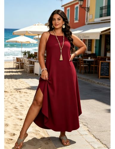 POGTMM Womens Plus Size Dress Boho Sleeveless Maxi Long Halter Sundress - color: Wine Red, size: XX-Large