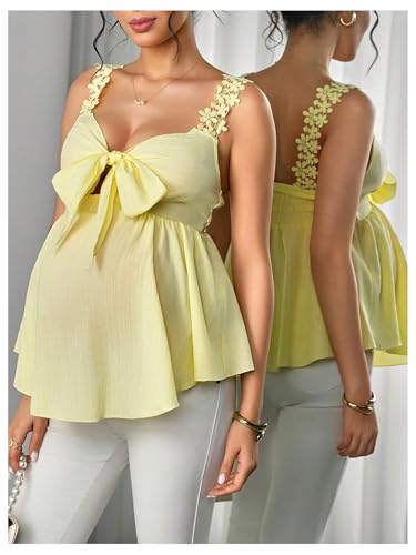 MakeMeChic Women's Maternity Blouse Bow Floral Lace Backless Sleeveless Shirred Boho Pregnancy Peplum Tops - size: Small