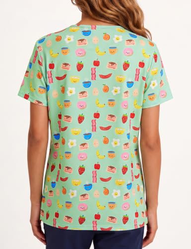 Women's Print Scrub Tops V Neck Short Sleeve Fun Scrubs Shirts - color: Breakfast, size: Medium