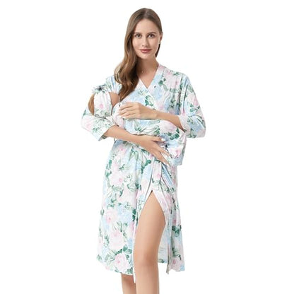 Galabloomer Maternity Robe and Receiving Blanket, Matching Mommy Labor Robe - color: Blue Flower, size: Medium