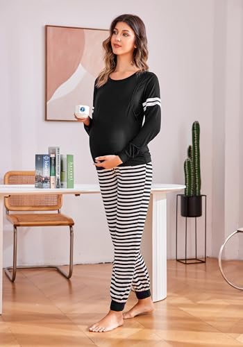 Maternity Pajamas Set Nursing Breastfeeding Postpartum Pregnancy Pjs - color: Black, size: Small