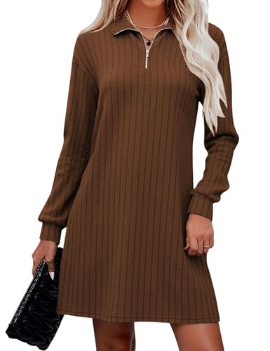 Naggoo Womens Fall Long Sleeve Dresses Collared V Neck Sweater Mini Dress - color: Dark Coffee, size: Large