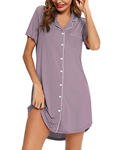 Senert Nightgowns for Women Button Down Sleeve Sleep Shirt Night Gowns - color: Violet, size: Medium