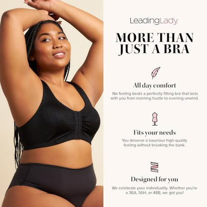 Leading Lady, Marlene, Front-Closure Bra for Women, Wireless, Full Coverage, Wide Straps, Breathable, Unlined, Silky, 36B-52G - color: Black, size: 36B/D