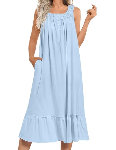 Ekouaer Women's Nightgowns Long Sleeveless Night gown with Pockets - color: Light Blue, size: Medium