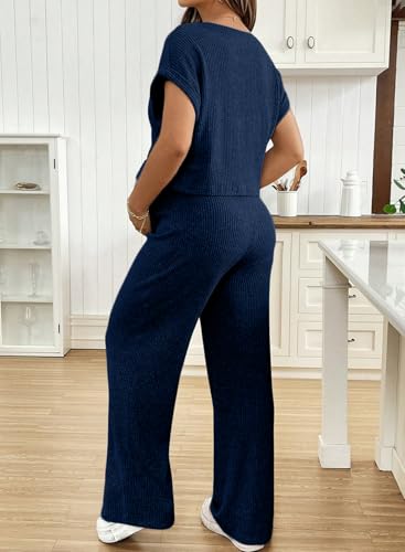 BLENCOT Maternity Sets Summer Ribbed Knit Pajamas Outfits - color: Navy Blue, size: Small