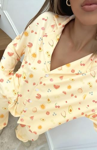 Dressmine Ladies Long Sleeve Cute Pajama Sets 2 Piece Fall Outfits - color: Yellow Fruit, size: Large