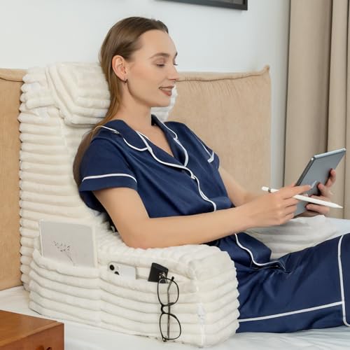 ENITYA 22" XL Back Pillow for Bed Sitting Up with Armrests & Big Pockets - color: Ivory, size: XL(5'3"-5'11")