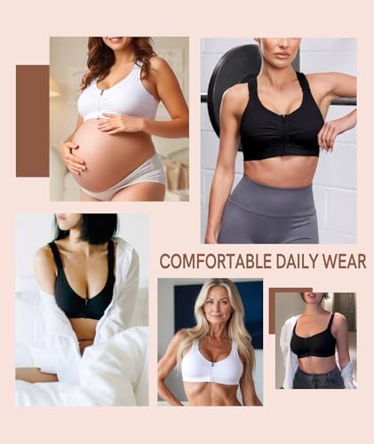Zip Front Closure Everyday Bra for Women Post Surgery Compression Bras with Adjustable Straps Wirefree - color: Black, size: X-Small