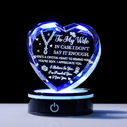 3D Laser Engraved K9 Crystal Heart with LED Base Romantic Gift for Wife - color: Wife Gift