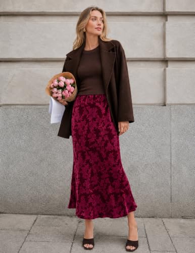 MEROKEETY Women's Fall Floral Velvet Maxi Skirt - color: Wine, size: Medium