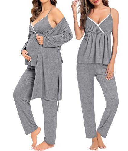 SWOMOG Maternity Nursing Robe Set 3 Piece Breastfeeding Pajamas 3 in 1 Labor Delivery Sleevless Tops&Long Pants Pregnancy Pjs - color: Grey, size: X-Large