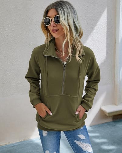 PRETTYGARDEN Women's Casual Long Sleeve Sweatshirt Half Zip Pullover Tops - color: Army Green, size: Medium
