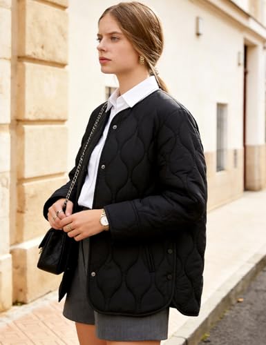 Flygo Womens Quilted Lightweight Jackets Oversized Puffer Coat with Pockets - color: Black, size: Medium