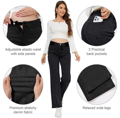 POSHGLAM Maternity Jeans Wide Leg Side Panel for Pregnancy & Postpartum, Comfy Stretch Denim Pants - color: Black, size: Medium