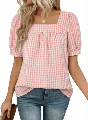 EVALESS Womens Gingham Top Short Sleeve Square Neck Shirts Cotton Blouse - color: Pink, size: Small