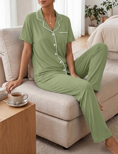 Womens Pajamas Sets 2 Piece Button Up Pj Sets Short Sleeve with Long Pant - color: Bean Greens, size: Medium