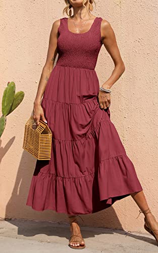 PRETTYGARDEN Women's Smocked Tank Casual Plain Maxi Sundress with Pockets - color: Bean Paste Red, size: Small