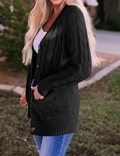 ZESICA Long Sleeve Button Down Open Front Cable Knit Cardigan Sweaters - color: Black2, size: Large