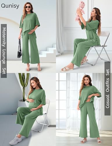 Maternity Lounge Set, 2 Piece Matching Set with Wide Leg Pants - color: Sage Green, size: Large