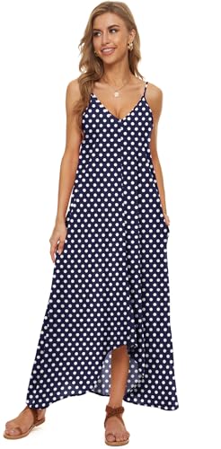LILBETTER Women V-Neck Polka Dot Print Spaghetti Strap Boho Long Maxi Dresses - color: 02navy Blue Dot, size: Medium