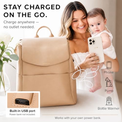 MIA + SOPHIA Leather Diaper Bag Backpack with USB Charging port, Changing Pad, Stroller Straps (Brown Olivia) - color: Brown Olivia
