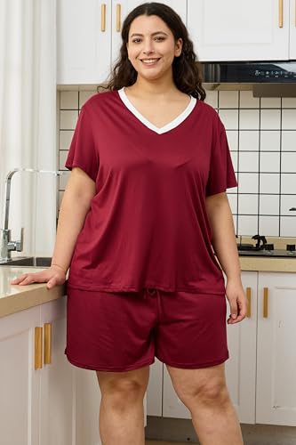 Plus Size Women Pajama Sets Summer Shorts Sleepwear V Neck PJS - color: Wine Red, size: 5X-Large