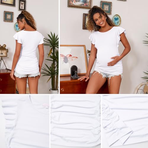 Bhome Maternity Tops Flying Shorts Sleeve Tshirt Side Ruched Pregnant Blouse Casual Pregnancy Tunic - color: White, size: Medium