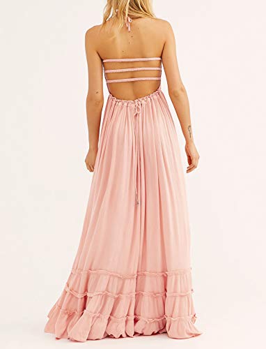 R.Vivimos Womens Summer Boho Sexy Backless Long Dresses - color: Blush, size: Large