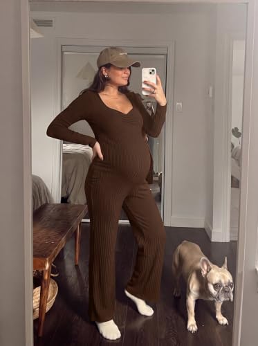 BLENCOT Maternity Ribbed Jumpsuit Long Sleeve Square Neck Stretchy Romper - color: Brown, size: Large