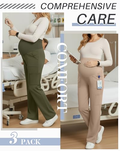3 Pack Women's Maternity Scrub Pants with 6 Pockets - color: Black, Army Green, Khaki, size: Medium