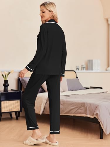 Ekouaer Pajamas Womens Long Sleeve Sleepwear Button Down Loungewear Pjs Set - color: Black, size: Large