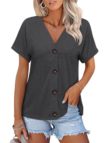 TICTICMISS Womens Summer Tops Short Sleeve Button Down V Neck T Shirts - color: Charcoal, size: Medium