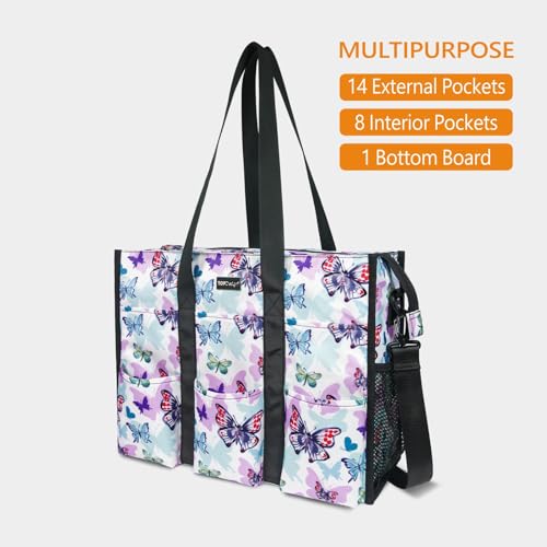 TOPDesign Utility Water Resistant Tote Bag with 22 Pockets, Zipper Closure - color: Butterfly, size: Large