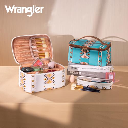 Wrangler Travel Makeup Bag 2pcs Set Cosmetic Bag with Makeup Brush Holder - color: Aztec-Tan