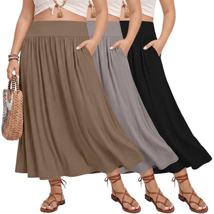 3 Pack Women's Plus Size Maxi Skirts - color: Black, Light Gray, Coffee, size: 3X-Large