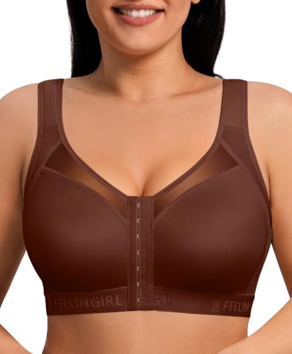 FeelinGirl Front Closure Post Surgery Compression Bra with Adjustable Straps Wireless Breast Augmentation Post Op Bras - color: Brown, size: 3X-Large