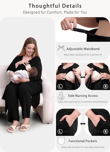 Rnxrbb 4 PCS All-Season Nursing Pajamas Robe Set Maternity Postpartum Pjs - color: Black, size: Large
