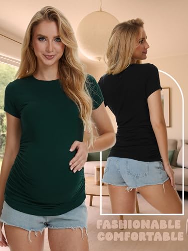 3 Pack Womens Maternity Shirts, Crew Neck Maternity Top Short Sleeve - color: Black/Light Grey/Dark Green, size: Medium