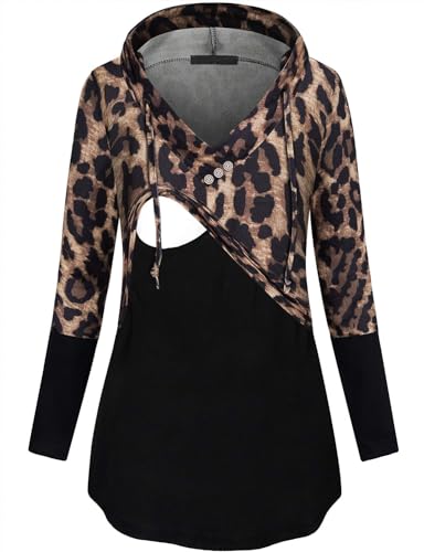 Quinee Women's Long Sleeve Plaid Colorblock Nursing Pullover Hoodie Sweatshirts - color: Black Leopard, size: Medium