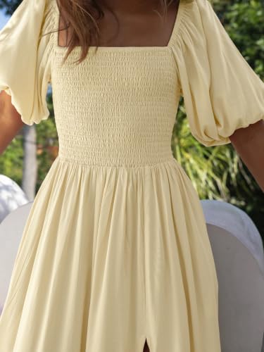 R.Vivimos Women's Summer Square Neck Smocked Slit Maxi Dress - color: Light Yellow, size: Medium