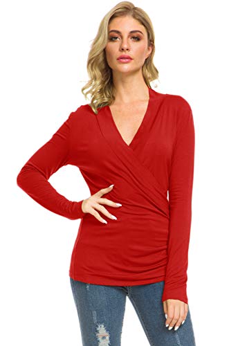 Afibi Womens Slim Fitted Deep V Neck Cross Wrap Top Long Sleeve T-Shirts - color: Red, size: Medium