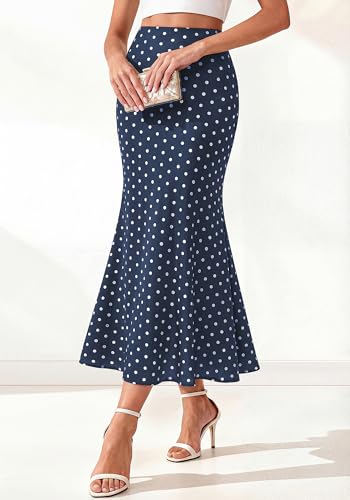BTFBM Silk Midi Skirts for Women 2026 Summer Fall - color: Dot Navy White, size: Large