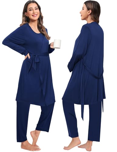 SWOMOG Maternity Nursing Robe Set 3 PCS Postpartum Breastfeeding Pajamas Hospital Pregnancy Pjs Double Layer Lounge Set - color: Navy Blue, size: Medium