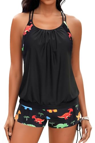 Holipick Womens 2 Piece Tankini Swimsuit Blouson Tummy Control Bathing Suit - color: Dinosaur, size: Small