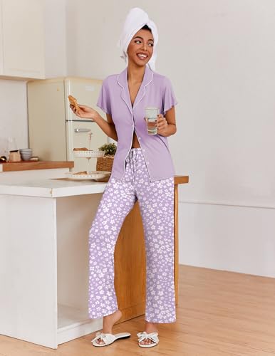 Ekouaer Pajamas for Women Set Ruffle Sleeve Button Up with Long Pants - color: Purple Flower, size: Small