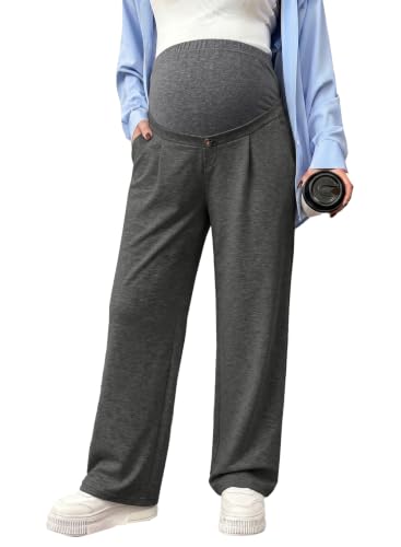 BLENCOT Maternity Pants Over Belly Stretchy Wide Leg Work Trousers - color: Gray, size: Medium