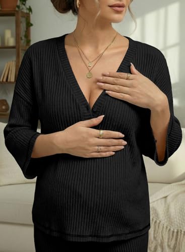 BLENCOT Maternity Pajamas Nursing Set Shorts Pregnancy Pj Sets - color: Black, size: Medium
