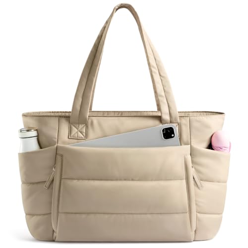 Uselike Tote Bag for Women with Zipper, Quilted Puffer Tote Bag with Compartments, Lightweight Puffy Work Bags for Women - color: Light Khaki