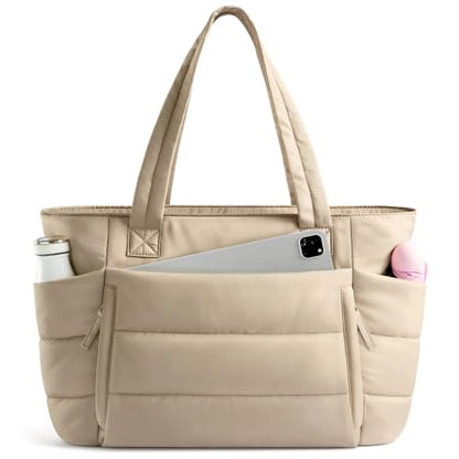 Uselike Tote Bag for Women with Zipper, Quilted Puffer Tote Bag with Compartments, Lightweight Puffy Work Bags for Women - color: Light Khaki